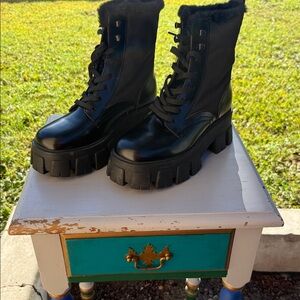 Marc Fisher Black Fur-Lined Combat Boots